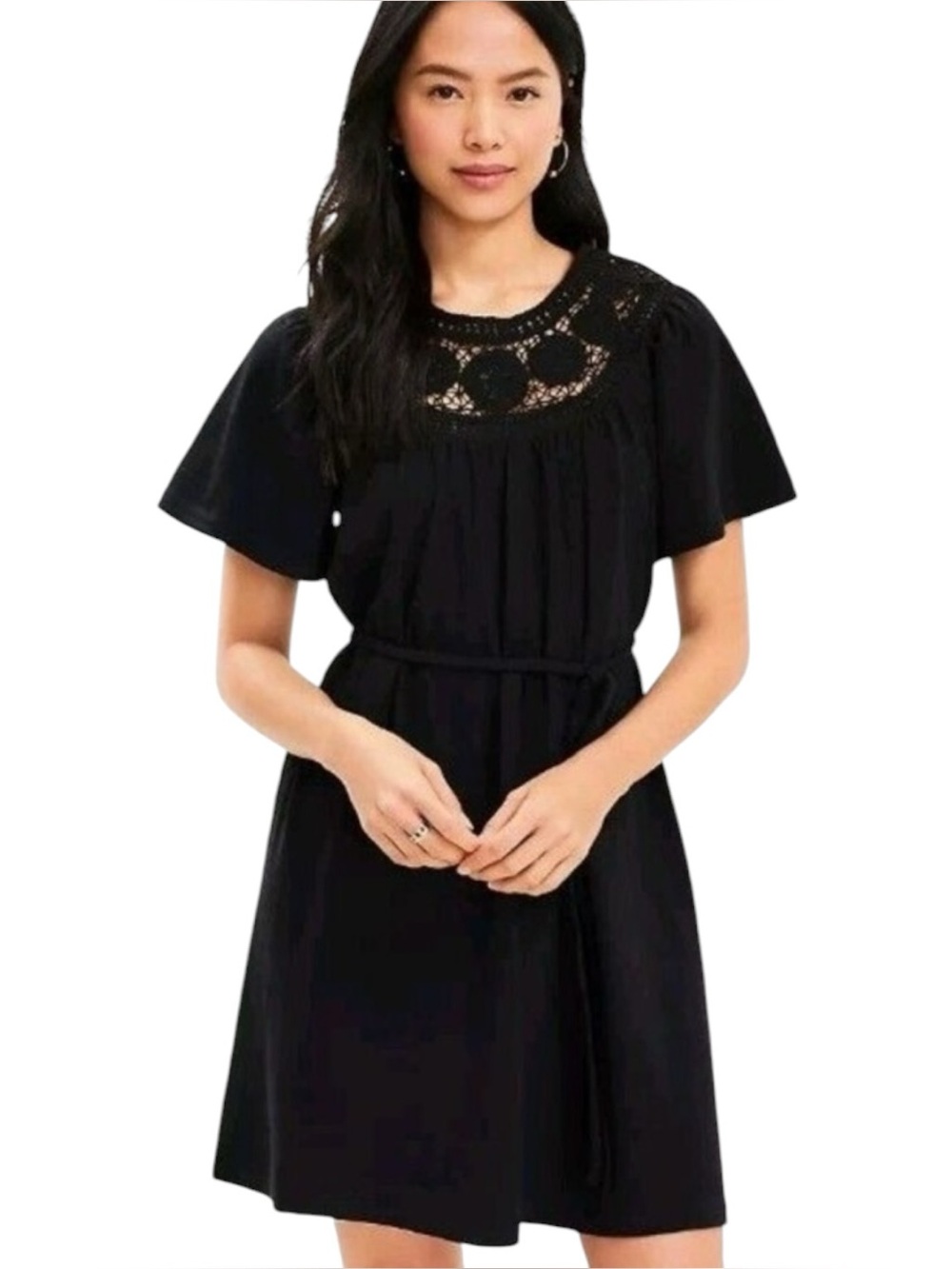 LOFT Black Crochet Yoke Short Sleeve Tie-Waist Dress
